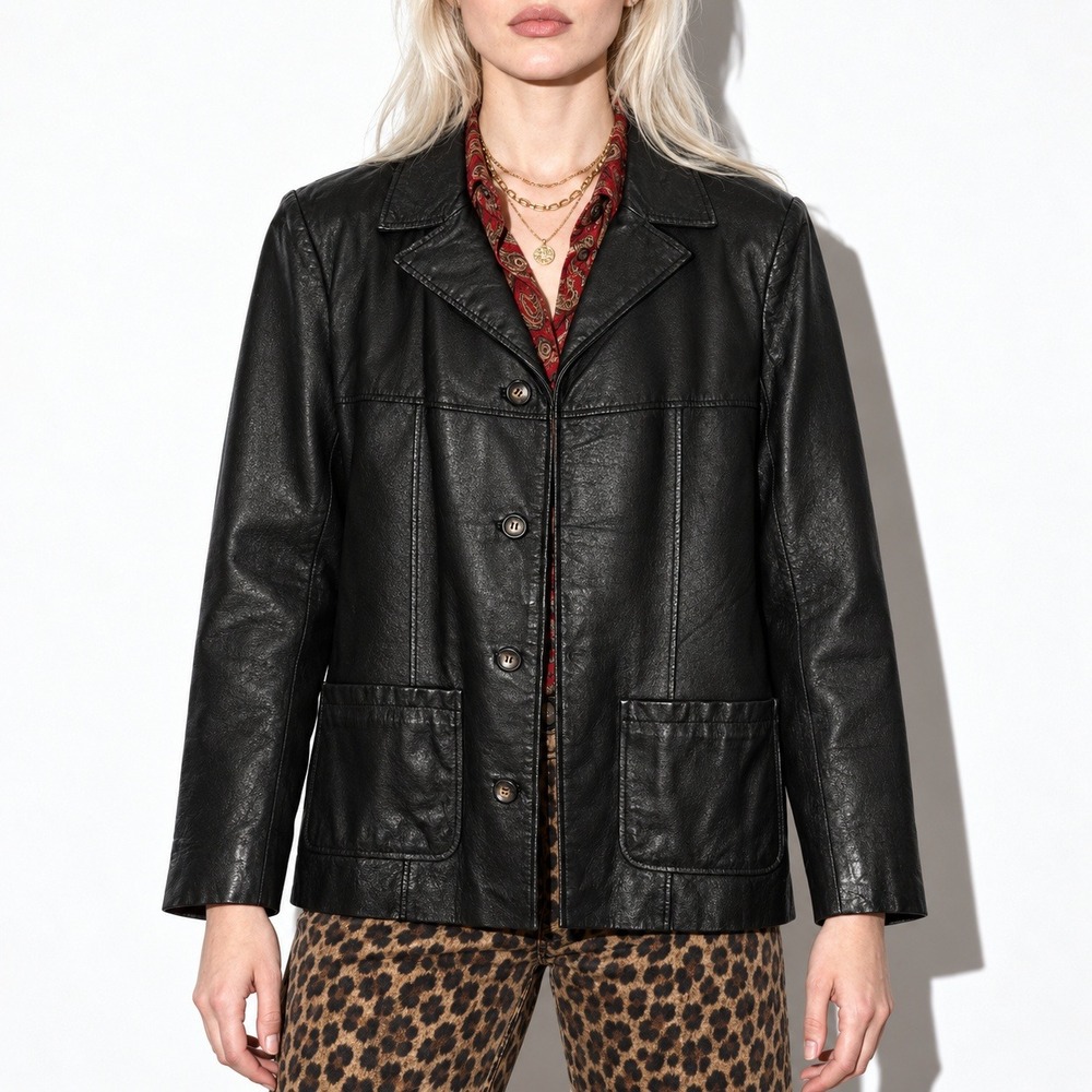 90s Vintage Leather Barn Coat Womens S Black G III Quilted Lining 4 Button Goth